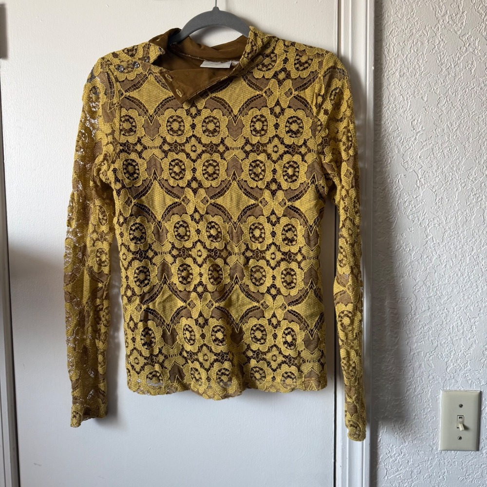 Maeve Anthropologie Mustard Yellow Floral Lace Mock Neck Medium Boho 70s boho